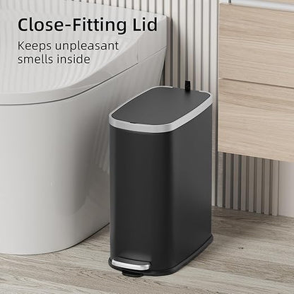 KUK Slim Bathroom Trash Can with Lid Soft Close, Step Pedal, 2.6 Gal/ 10L Stainless Steel Garbage Can with Removable Inner Bucket, Anti-Fingerprint Wastebasket for Office, Bedroom, Toilet (Black)