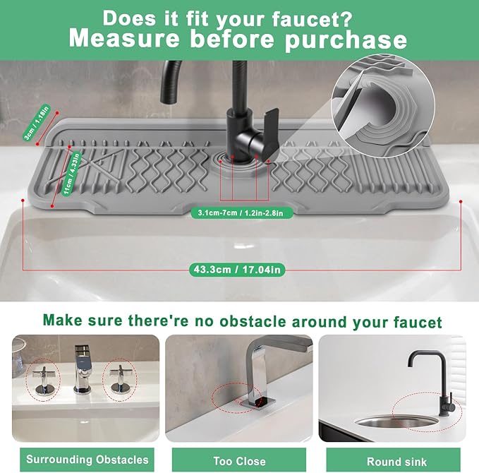 17 Inch Faucet Mat For Kitchen Sink Splash Guard Behind Faucet, ，5°Slope Fast Draining Silicone Mat , Dish Soap Sponge Holder for Bathroom Sink kitchen sink organizer (Grey, 17" x 6")