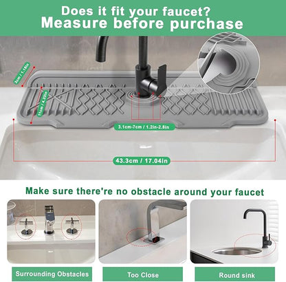 17 Inch Faucet Mat For Kitchen Sink Splash Guard Behind Faucet, ，5°Slope Fast Draining Silicone Mat , Dish Soap Sponge Holder for Bathroom Sink kitchen sink organizer (Grey, 17" x 6")