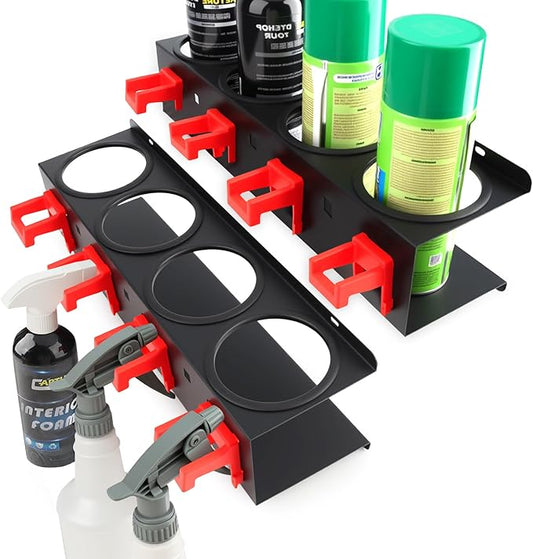 2 Pack Carbon Steel Spray Bottle Holder Wall Mount, Heavy-Duty Car Detailing Bottle Organizer, Spray Can Holder Rack with 4 Holes & 4 Hooks, Space Saving Storage Holder for Garage Workshop Van Shed