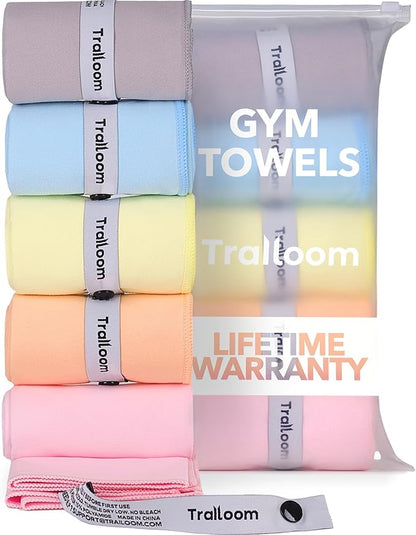 Trailoom Microfiber Workout Towels - Quick Dry, Highly Absorbing, Odor-Free, for Women & Men - Gym Sweat Sports Towel for Hot Yoga, Tennis, Running, Exercise, Working Out, Camping, Set of 5 Pastel