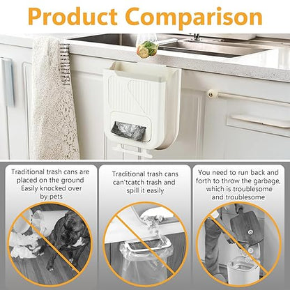 Collapsible Hanging Trash Can, Compost Bin Kitchen with 60pcs of Garbage Bags, 2.64 Gallon Plastic Folding Garbage Bin for Cabinet/RV/Camping/Bedroom