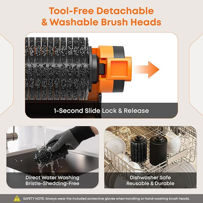 Electric Grill Brush, 1500RPM 3 Speeds, Grill Brush for Outdoor Grill with 3 Heads, Cordless Rechargeable BBQ Grate Cleaner with LED Light, Oil Splash Guard Grill Cleaning Brush for Barbecue Grates