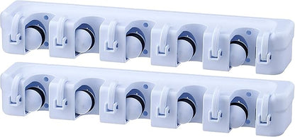Superio Mop and Broom Holder Wall Mount White (2 Pack) Cleaning Tools Wall Organizer, 5 Rack Slots and 6 Hooks for Kitchen Closet Garage Garden and Office.