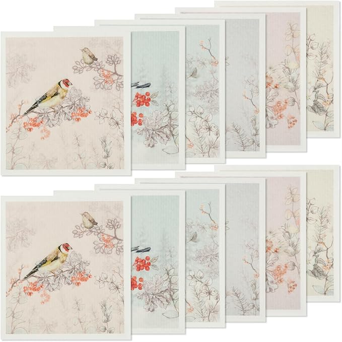 12Pcs Swedish Dishcloths for Kitchen, Quick-Drying Reusable Paper Towels, Absorbent Washable Kitchen Dish Rags, Soft Cellulose Sponge Cloths for Countertop Sink Flower Bird (12pcs Chinese Style Birds)