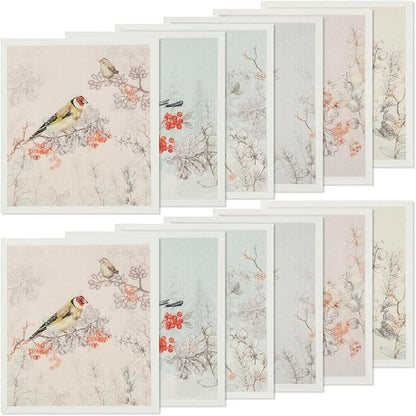 12Pcs Swedish Dishcloths for Kitchen, Quick-Drying Reusable Paper Towels, Absorbent Washable Kitchen Dish Rags, Soft Cellulose Sponge Cloths for Countertop Sink Flower Bird (12pcs Chinese Style Birds)