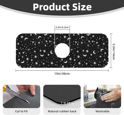 Black And White Moon Star Kitchen Sink Splash Guard Faucet Mat Super Absorbent Fast Drying Mat Sink Gadgets-Fast Drying Pad Sink Mat For Kitchen Bathroom (15" X 5.5" )