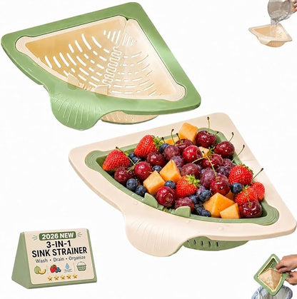 Magnetic Drainage & Filter Basket, Triangular Sink Strainer with Twist-Open Bottom, triangular drain magnetic basket, corner sink strainer for food scraps (White And Green Interwoven)