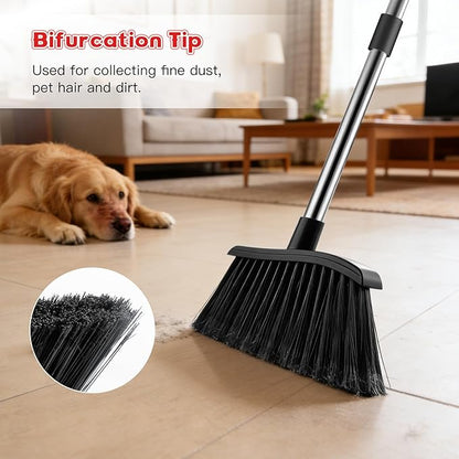 Broom and Step-on Dustpan Set, 59-in Adjustable Long Handle Broom with Dustpan Combo Set Outdoor Angle Broom for Sweeping Indoor Dust Pet Hair for Cleaning Kitchen Garage Deck Patio, Black