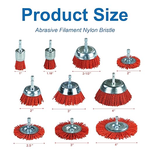 SALI 10 Pack Nylon Filament Abrasive Wire Brush Wheel & Cup Brush Set with 1/4 Inch Hex Shank, 4 Sizes Nylon Drill Brush Set for Removal of Rust Corrosion Paint
