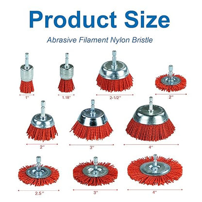SALI 10 Pack Nylon Filament Abrasive Wire Brush Wheel & Cup Brush Set with 1/4 Inch Hex Shank, 4 Sizes Nylon Drill Brush Set for Removal of Rust Corrosion Paint