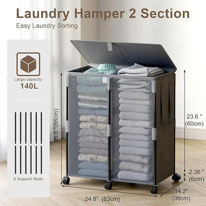140L Double Laundry Hamper with Lid and 6 Wheels, Rolling Laundry Basket with 2 Removable Bags, Heavy Duty Metal Frame Clothes Cart, 2-Section Laundry Sorter for Bedroom, Bathroom (Grey)