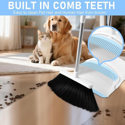 BSKLIN Broom and Dustpan Set, Broom with Dustpan Combo Set with Teeth to Clean Pet Hair 52-in Long Adjustable Handle Broom for Home Office Kitchen Lobby