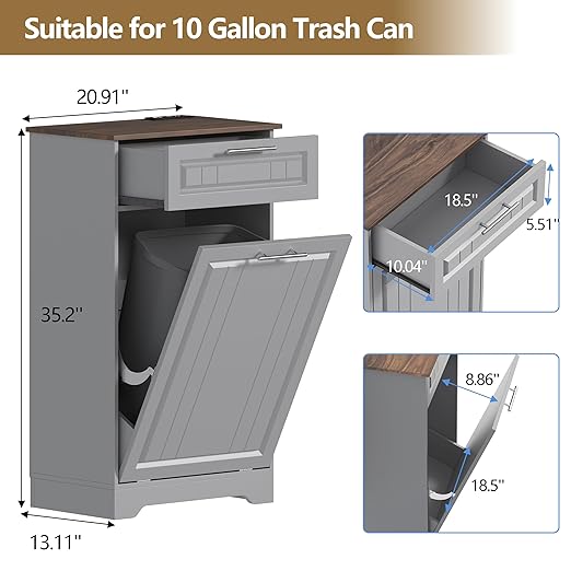 Single 10 Gallon Tilt Out Trash Can Cabinet with Deodorizing Function, Wooden Hidden Garbage Can Holder with Storage Drawers for Kitchen and Dining Room, Laundry Hamper Cabinet for Bathroom, Grey