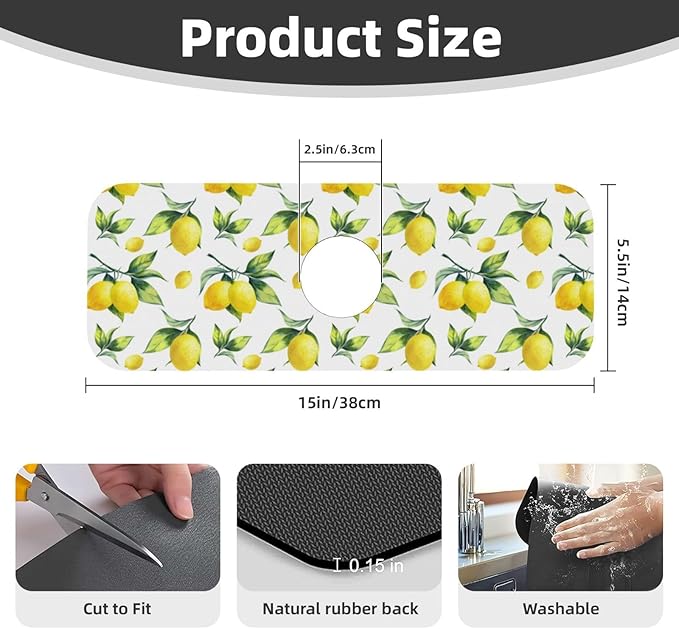 Yellow Lemon Green Leaves Kitchen Sink Splash Guard Faucet Mat Super Absorbent Fast Drying Mat Sink Gadgets-Fast Drying Pad Sink Mat For Kitchen Bathroom (15" X 5.5" )
