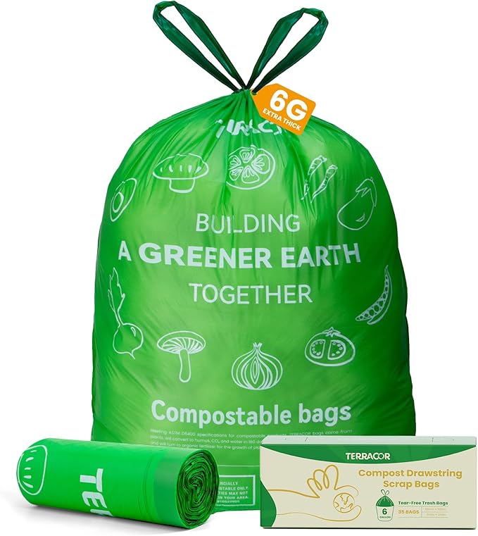 6 Gallon Compostable Trash Bags Drawstring, Heavy Duty Extra Thick 1 Mil, 35 Bags, Tall Kitchen Food Scrap Waste Bag, ASTM D6400