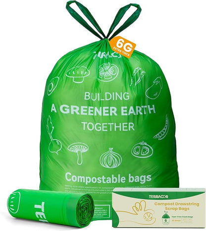 6 Gallon Compostable Trash Bags Drawstring, Heavy Duty Extra Thick 1 Mil, 35 Bags, Tall Kitchen Food Scrap Waste Bag, ASTM D6400