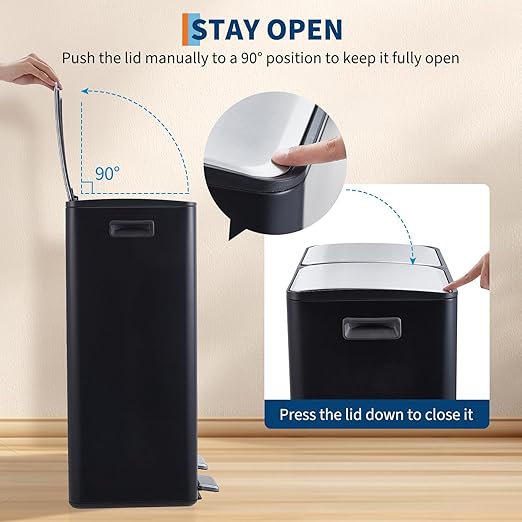 Takywep 2 x 8 Gal (2 x 30L) Kitchen Dual Trash Can, Stainless Steel Double Trash Can with 2 Removable Inner Buckets, Soft-Close Lid, Double Compartment Recycling Bin for Kitchen Home Office, Black