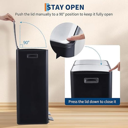 Takywep 2 x 8 Gal (2 x 30L) Kitchen Dual Trash Can, Stainless Steel Double Trash Can with 2 Removable Inner Buckets, Soft-Close Lid, Double Compartment Recycling Bin for Kitchen Home Office, Black