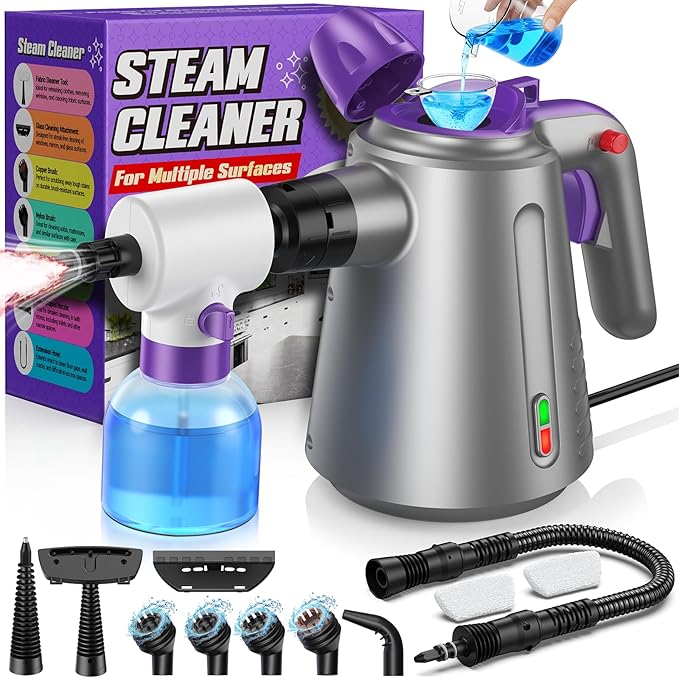 Handheld Steam Cleaner for Home, Pressurized Multi Purpose Steamer for Cleaning Upholstery Bed Furniture Couch Carpet Car with 14 Accessories & Safety Lock, Small Container for Grease