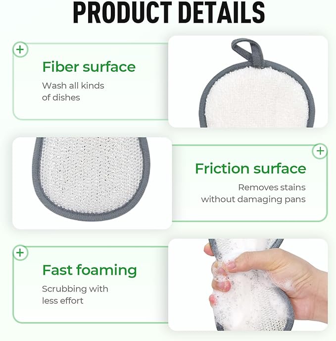 Multipurpose Cleaning Sponges, Non Scratch Double-Sided Heavy Duty Scrub Sponges, Silver Stainless Steel and Multi-Layer Fiber, Metal Scrubbing Pads Sponge Cloths for Home Kitchen (5)