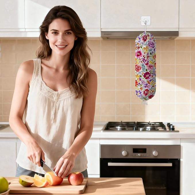 Plastic Bag Holder Dispenser, Plastic Grocery Bag Organizer & Wall Mount Paper Trash Bags Saver Storage for Kitchen Home Pantry Decor, Colorful Floral Kitchen Decor Shopping Bags Storage Dispenser