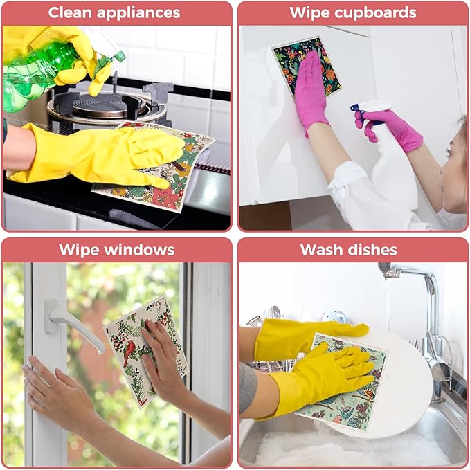 wlich 10PCS Swedish Dishcloths for Kitchen, Reusable Dish Rags for Washing Dishes with Clips, Non-Scratch Kitchen Towels and Dishcloths Sets, Washable Swedish Dish Cloths, No Odor(Birds Flowers)