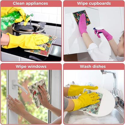 wlich 10PCS Swedish Dishcloths for Kitchen, Reusable Dish Rags for Washing Dishes with Clips, Non-Scratch Kitchen Towels and Dishcloths Sets, Washable Swedish Dish Cloths, No Odor(Birds Flowers)