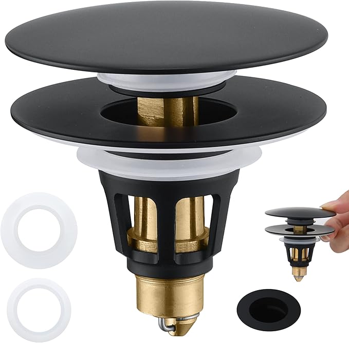Universal Bathroom Sink Stopper - Pop Up Sink Drain Stopper, Push Button Flixfilter Sink Drain Stopper Replacement, Wash Basin Drain Filter Plug Anti-Clogging Basket, Matte Black