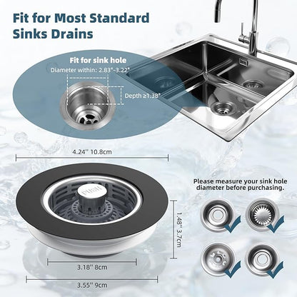 Hibbent Upgraded 2 Pack 3 in 1 Kitchen Sink Drain Strainer, Stainless Steel Pop Up Sink Stopper, Larger Anti-Clogging Basket, 3-Layer Seal, Detachable Plug for US Standard 3-1/2" Drain, Matte Black