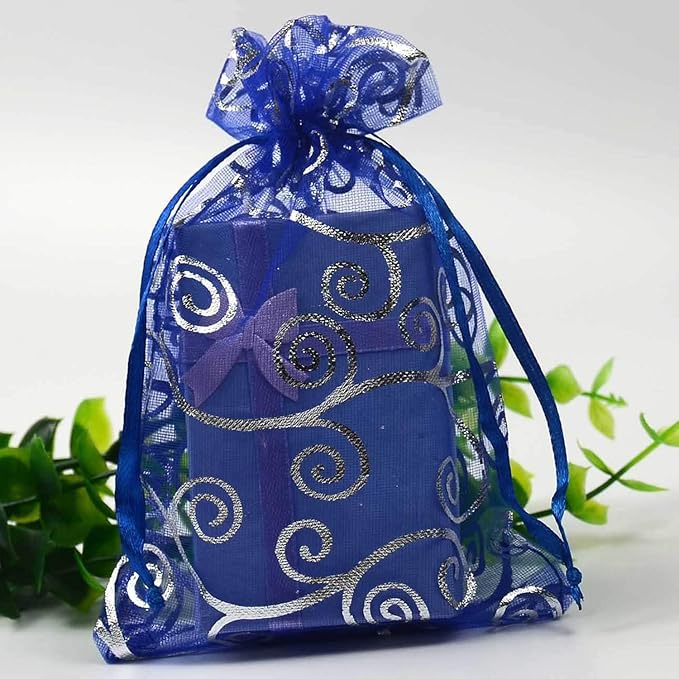 100 Pieces Per Pack 5x7 inch Gift Wrap Bags Blue Rattan, Organza Sheer Transparent Fabric, Drawstring Treat Bags for Baby Shower Favor, House Party Favors, Bridal Shower Favors, Lipsense Holder, Toys