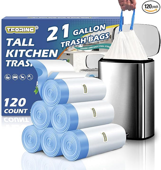 21 Gallon Trash Bags Drawstring 120 Count, 1.7 Mil White Garbage Bags Unscented,Easy-Dispense Roll for Kitchen & Household Use, Code G,79.5 L