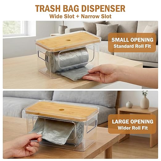 Trash Bag Dispenser, Stackable with Bamboo Top – Extra Large Garbage Bag Holder & Under Sink Organizer for Kitchen, Laundry Room, Pantry Organization and Storage