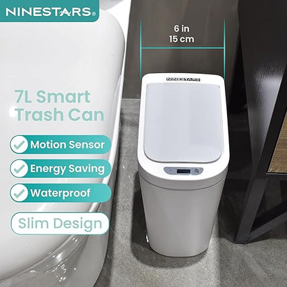 Ninestars Automatic Motion Sensor Bathroom Trash Can, 1.8 Gallon Smart Opening Garbage Bin for Bathroom, Bedroom, Kitchen, Office 2 Pack