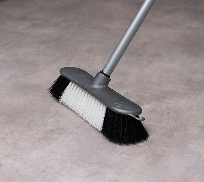 Addis Indoor Plastic Sweeping Broom with Soft Nylon bristles & 3pcs Easy Assemble Metal Handle, Metallic Grey