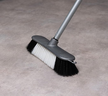 Addis Indoor Plastic Sweeping Broom with Soft Nylon bristles & 3pcs Easy Assemble Metal Handle, Metallic Grey