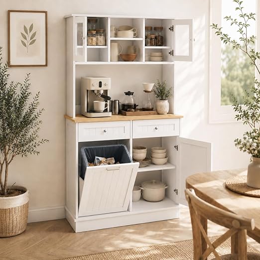 RASOO Trash Can Cabinet 67.7" Tall Kitchen Pantry Storage Sideboard Freestanding Tilt Out Trash Can 10 Gallon Glass Doors with 2 Drawers Microwave Coffe Bar