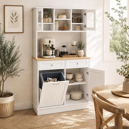 RASOO Trash Can Cabinet 67.7" Tall Kitchen Pantry Storage Sideboard Freestanding Tilt Out Trash Can 10 Gallon Glass Doors with 2 Drawers Microwave Coffe Bar