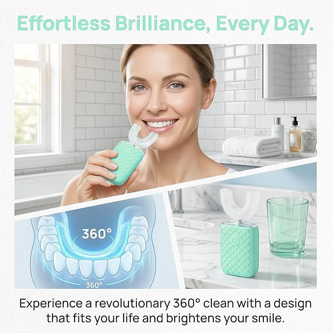 Sonic Electric U Shaped Toothbrush for Adults, Automatic Full Mouth Cleaning Toothbrush, 360° Stain Removal, IPX7 Waterproof Rechargeable, 3 U-Shape & 2 Straight Brush Heads (Green)