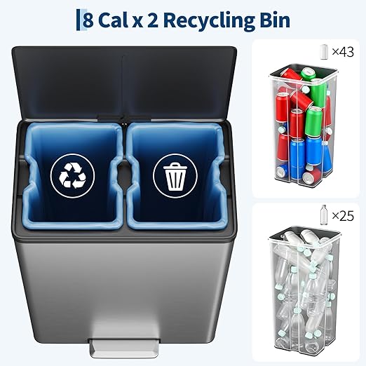 16 Gallon/60 L Dual Trash Can, Stainless Steel Garbage Can with Soft-Close Lid & Step Pedal, 2 x 8 Gallon Commercial Double Recycling Bin with 2 Removable Inner Buskets for Kitchen Office, Silver