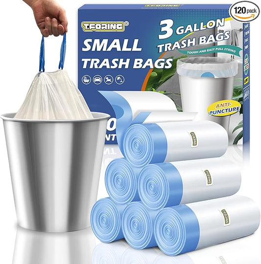 3 Gallon Trash Bags Drawstring 0.96 Mil - 120 Count 12 Liter Small Garbage Bags for Bathroom, Strong White Unscented Plastic Wastebasket Bin Liners for Toilet Office and Bedroom