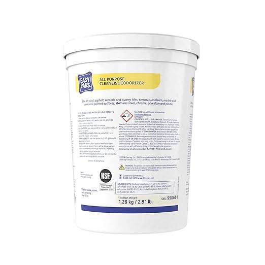 Diversey 990651 Easy Paks All Purpose Cleaner & Deodorizer, Water Soluble Paks make Effervescent Solution with Lemon Scent, Yellow, 90-Paks, 1 Tub (Pack of 2)