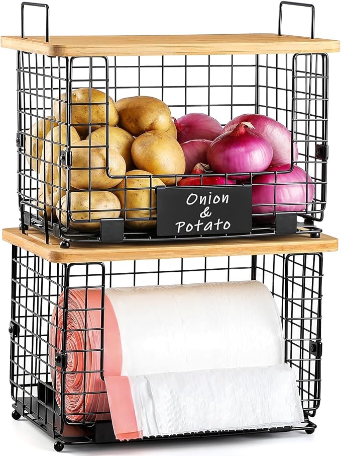 Upgrade Larger, Fit 13/30/33+ Gallon Trashbag Perfectly - 2 SET Stackable Trash Bag Holder with Tags & Bamboo Top, Garbage Bag Dispenser Stand, Kitchen Pantry Under Sink Laundry Room Organizer Basket