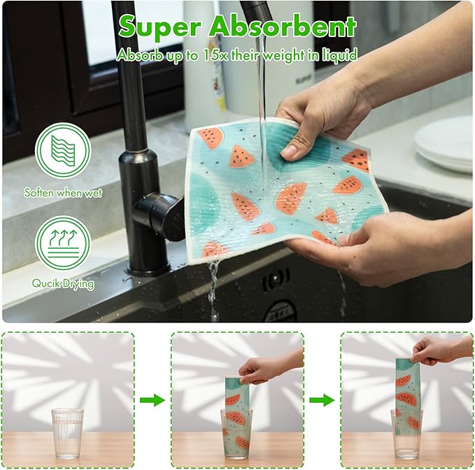 Swedish Dishcloths for Kitchen, 6 Pack Fruit Swedish Dish Towels with Clips, Reusable Paper Towels Washable Non-Scratch Super Absorbent Cellulose Sponge Cloths, Biodegradable No Odor