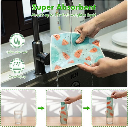 Swedish Dishcloths for Kitchen, 6 Pack Fruit Swedish Dish Towels with Clips, Reusable Paper Towels Washable Non-Scratch Super Absorbent Cellulose Sponge Cloths, Biodegradable No Odor