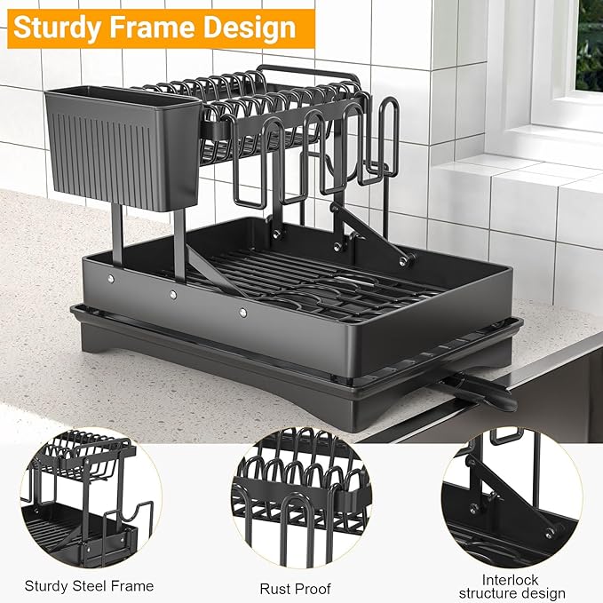 Expandable Dish Drying Rack, Rust-Proof Metal Dish Racks for Kitchen Counter with 360° Swivel Drain Spout, Space-Saving Dish Drainer with Utensil Holder for Small Apartment & Home Organization, Black