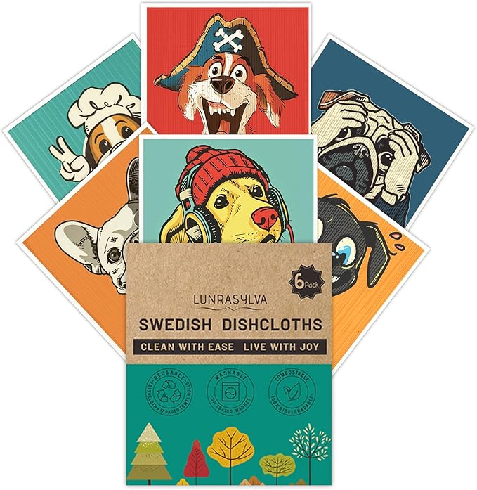 Swedish Dishcloths for Kitchen 6 Pack, Reusable Paper Towels Super Absorbent, Biodegradable Quick Drying Washable Dish Cloths Dishwasher Safe, Ideal Practical Housewarming and Hostess Gifts(Dog)