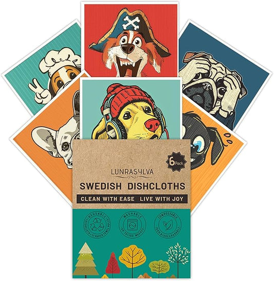 Swedish Dishcloths for Kitchen 6 Pack, Reusable Paper Towels Super Absorbent, Biodegradable Quick Drying Washable Dish Cloths Dishwasher Safe, Ideal Practical Housewarming and Hostess Gifts(Dog)