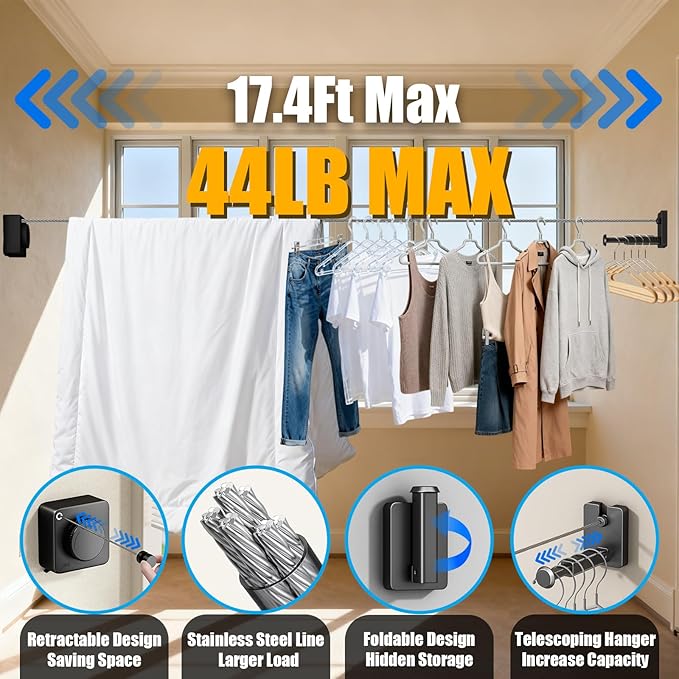 Retractable Clothesline Indoor & Outdoor, 17.4 Ft Non-Sagging Laundry Washing Line with Wall Mounted Heavy Duty, Space-Saving Clothing Drying Rack with Telescoping Hanger (1, Upgraded Black)