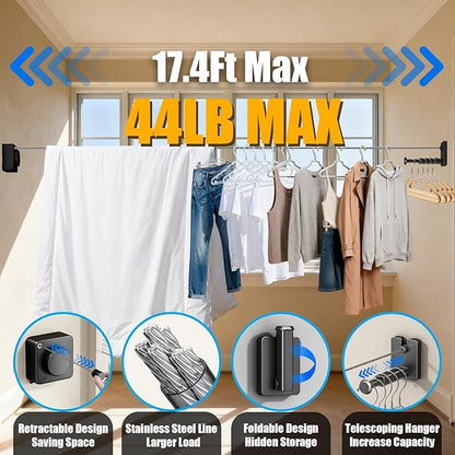 Retractable Clothesline Indoor & Outdoor, 17.4 Ft Non-Sagging Laundry Washing Line with Wall Mounted Heavy Duty, Space-Saving Clothing Drying Rack with Telescoping Hanger (1, Upgraded Black)